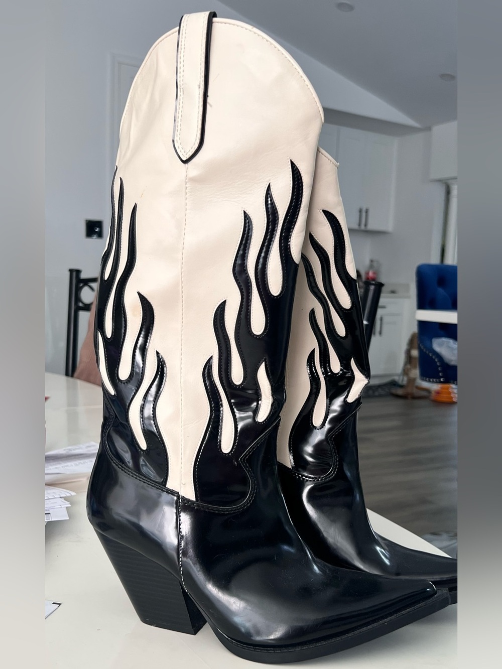 Zara Cream and Black Flame Western Heeled Boots